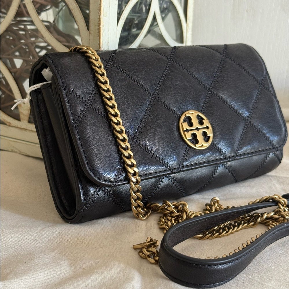 New Tory Burch Willa Diamond Quilted Soft Leather Crossbody Chain Wallet Bag,